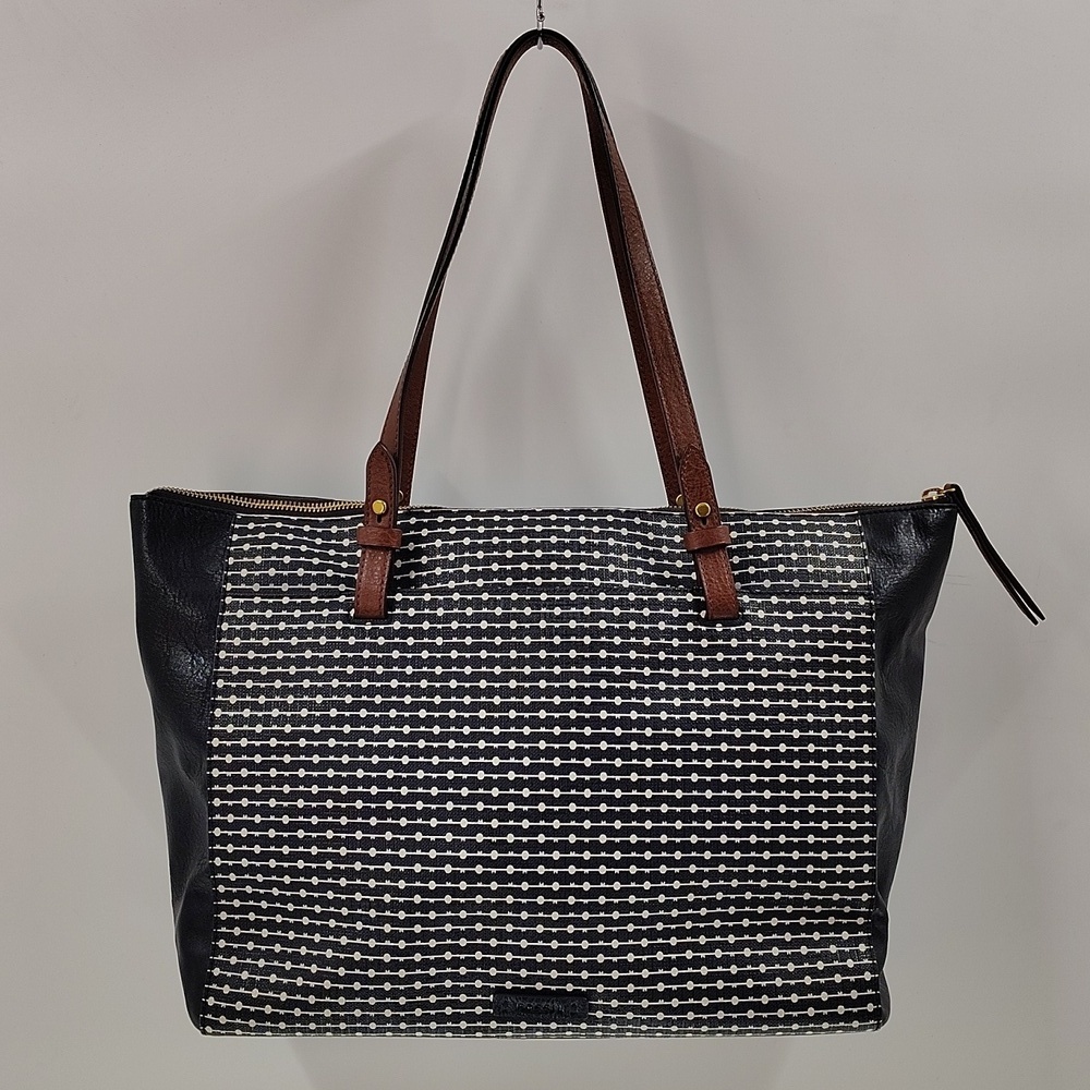 Fossil Rachel Top Zip Tote Key Design Large Black Brown Double Handles